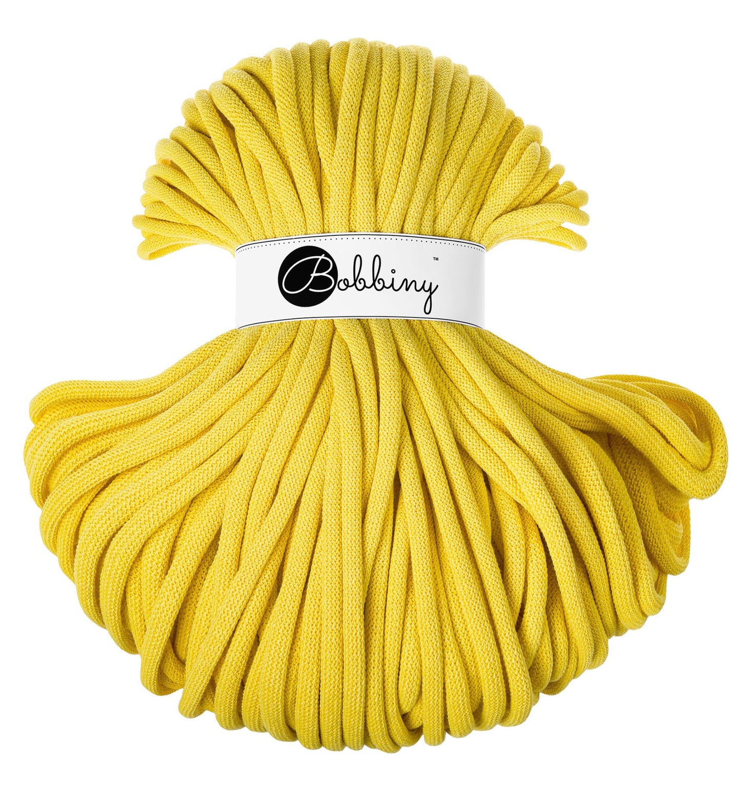 Bobbiny Flechtkordel Jumbo 9 mm in der limitierten Farbe Canary Yellow. Die Farbe Canary Yellow ist ein strahlendes, kräftiges Gelb.
