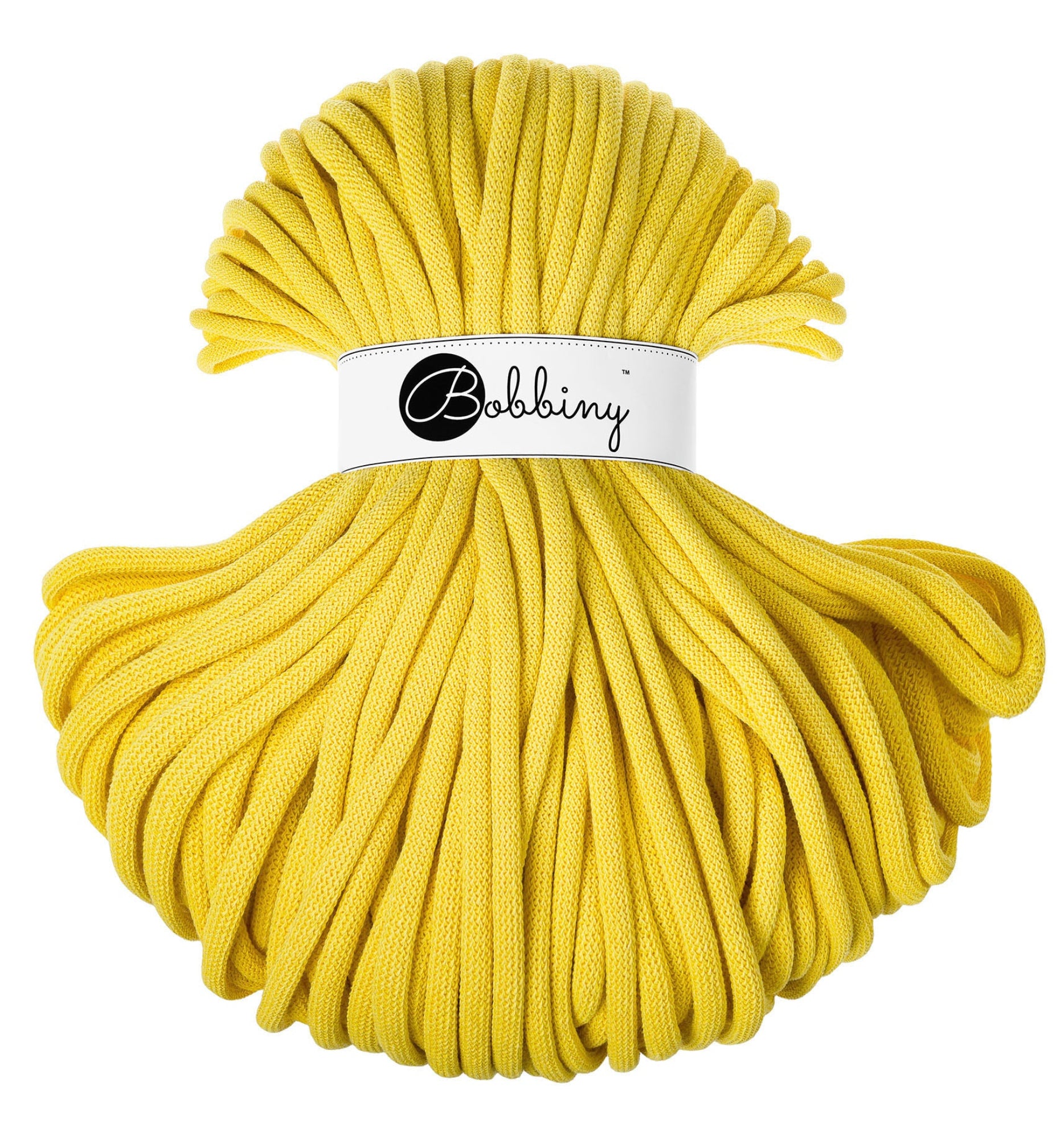 Bobbiny Flechtkordel Jumbo 9 mm in der limitierten Farbe Canary Yellow. Die Farbe Canary Yellow ist ein strahlendes, kräftiges Gelb.
