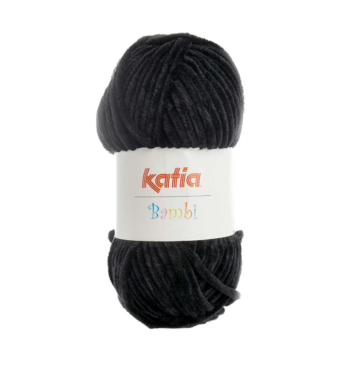 Ein Knäuel Katia Bambi Chenillegarn in der Farbe 315 schwarz.