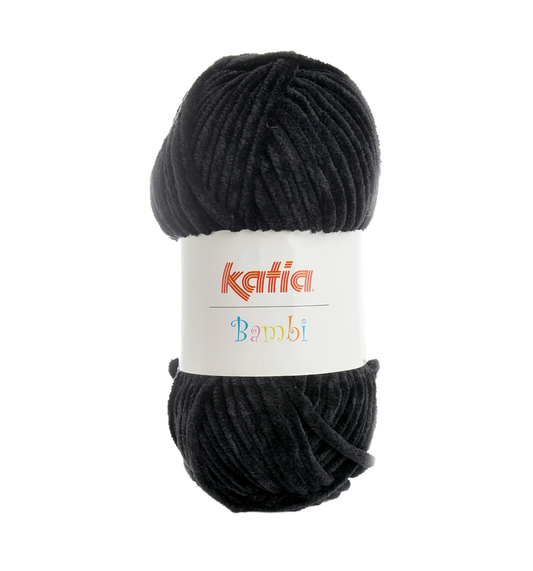 Ein Knäuel Katia Bambi Chenillegarn in der Farbe 315 schwarz.