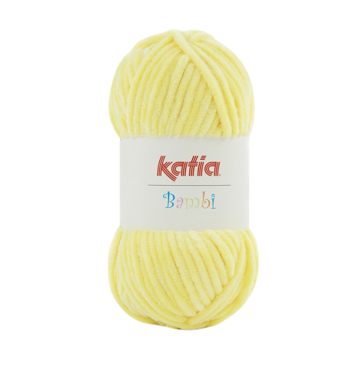 Ein Knäuel Katia Bambi Chenillegarn in der Farbe 329 gelb.
