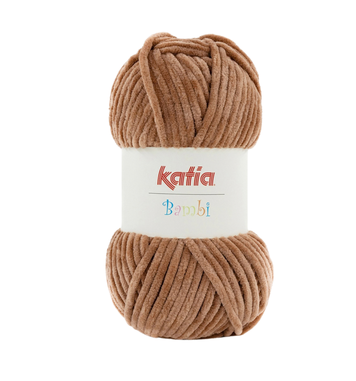 Ein Knäuel Katia Bambi Chenillegarn in der Farbe 330 kastanie.