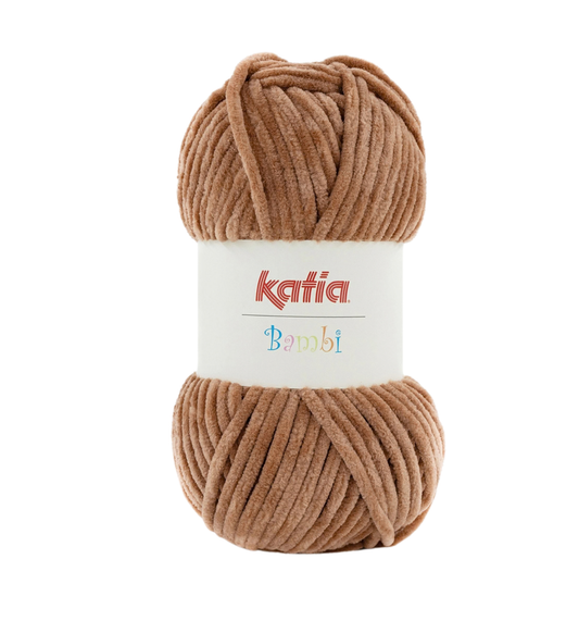 Ein Knäuel Katia Bambi Chenillegarn in der Farbe 330 kastanie.