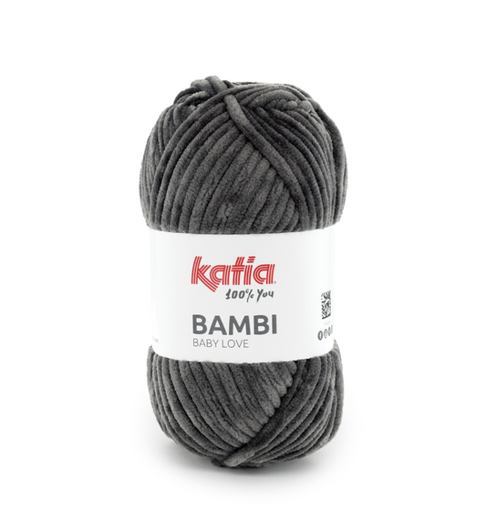 Ein Knäuel Katia Bambi Chenillegarn in der Farbe 349 dunkelgrau.